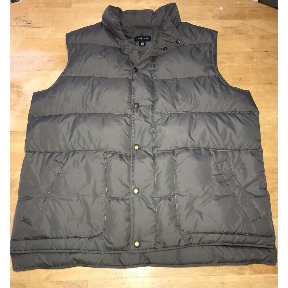 Lands End Men's Gray Puffer Vest Snap Button‎ Up Down Feather Size XL 46-48